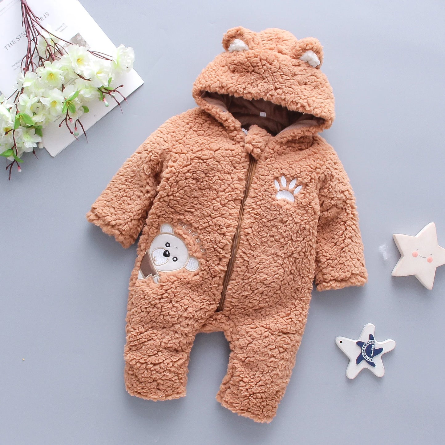 Lamb hair cartoon bear embroidered baby jumpsuit