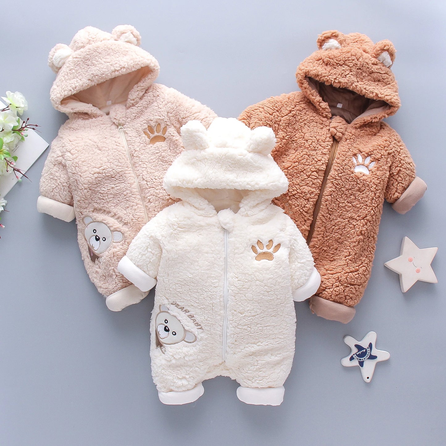 Lamb hair cartoon bear embroidered baby jumpsuit