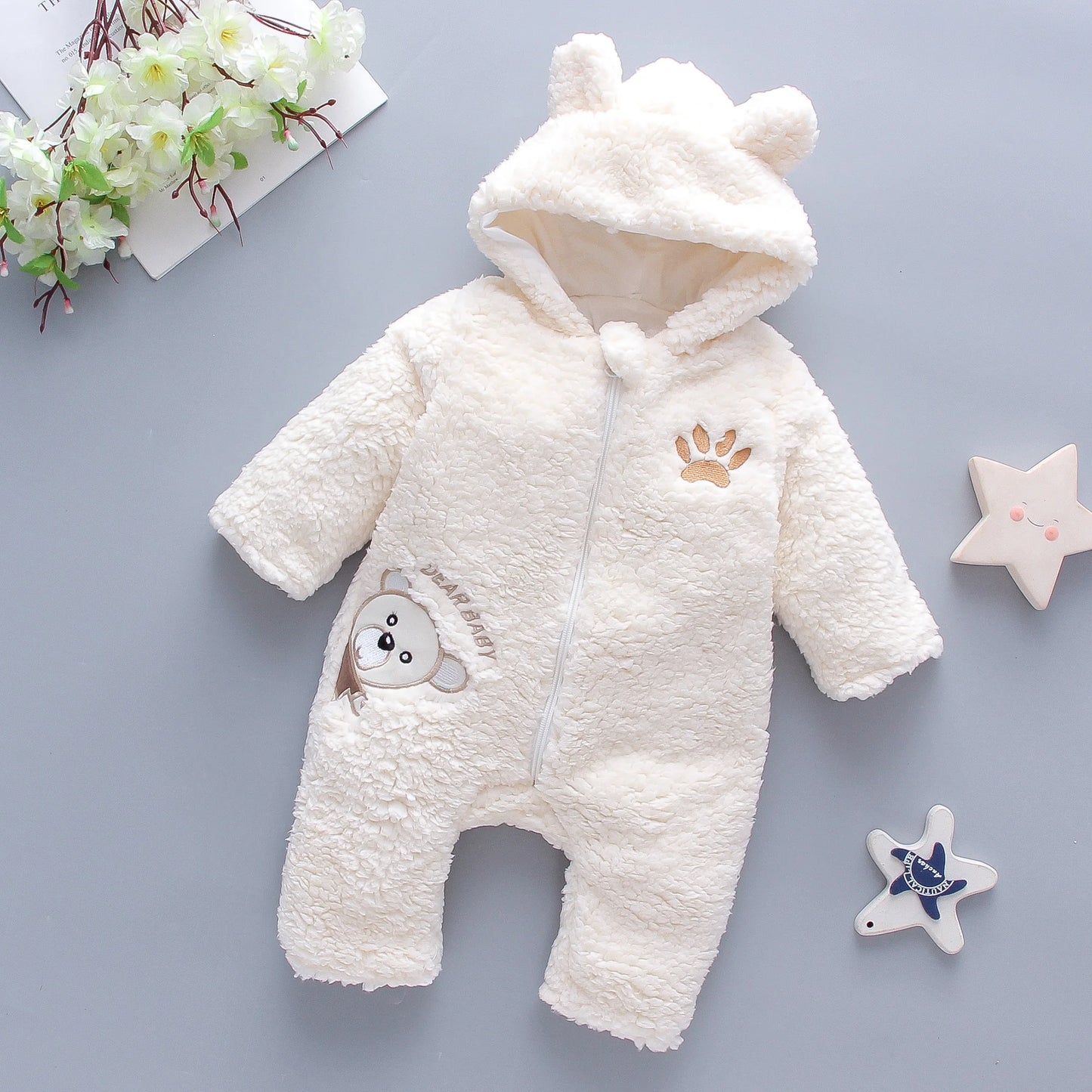 Lamb hair cartoon bear embroidered baby jumpsuit